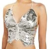 Zodaca Butterfly Sequin Halter V Neck Crop Top for Women, Open Back Tie Backless Cami Tank, Silver, One Size -Adult Halloween Costumes Shop unnamed file 1466